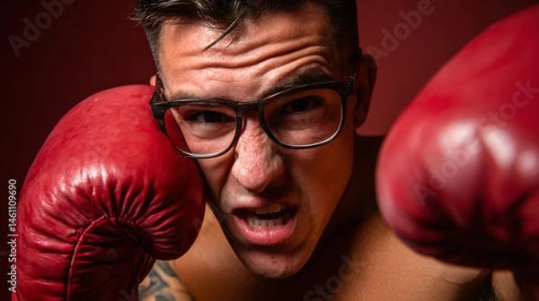 Fototapeta Boxer's Intensity: A determined boxer in action, showcasing raw emotion and focused determination as he prepares for a fight in a bold close-up, embodying grit and physical prowess.