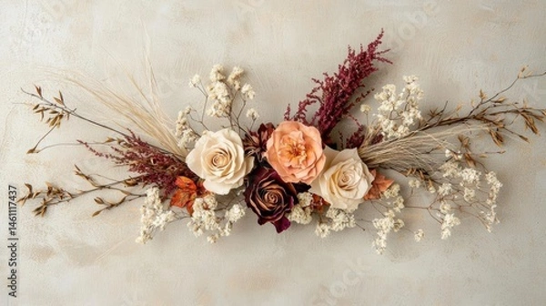 Fototapeta Flat lay of a beautiful flower arrangement on a beige background. the arrangement is made up of various types of flowers, including roses, daisies, and dried grasses.