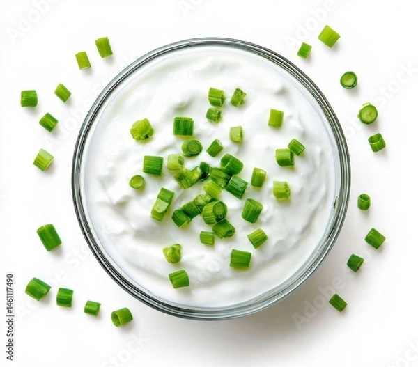 Obraz Creamy Yogurt Dip with Fresh Green Onions in Glass Bowl