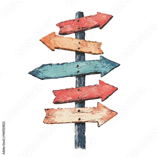 Fototapeta Png of A rustic wooden signpost featuring colorful arrows pointing in multiple directions, symbolizing choices and guidance.
