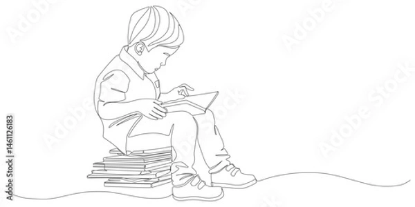 Obraz Continuous Line Drawing of Young Boy Sitting on Books and Reading – Minimalist Education Illustration


