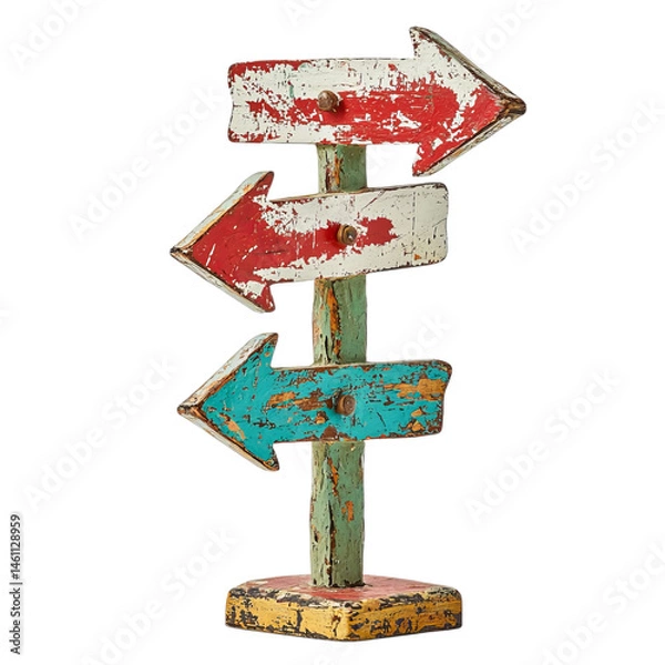 Fototapeta Png of Vintage wooden directional signpost with red, white, and blue arrows, creating a charming rustic feel.
