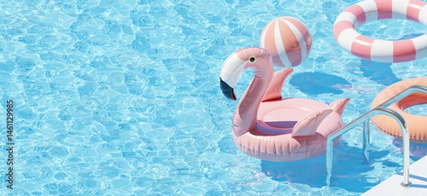 Obraz Summertime pool party concept with a large flamingo inflatable and assorted beach accessories. 3d rendering