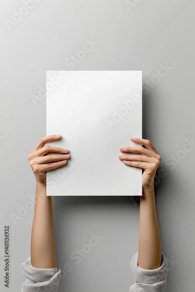 Obraz poster mockup featuring a blank white vertical sheet held up by two hands against withe background