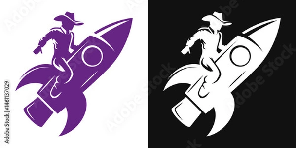 Fototapeta Silhouette space cowboy logo. Rodeo rider on rocket icon. Futuristic western vector symbol.