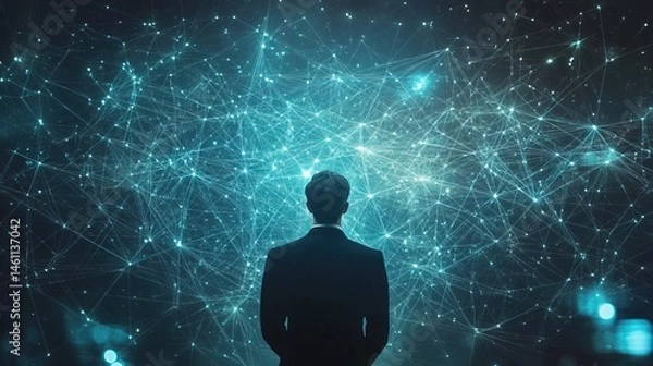 Fototapeta A CEO standing in front of a massive virtual network map of their business ecosystem