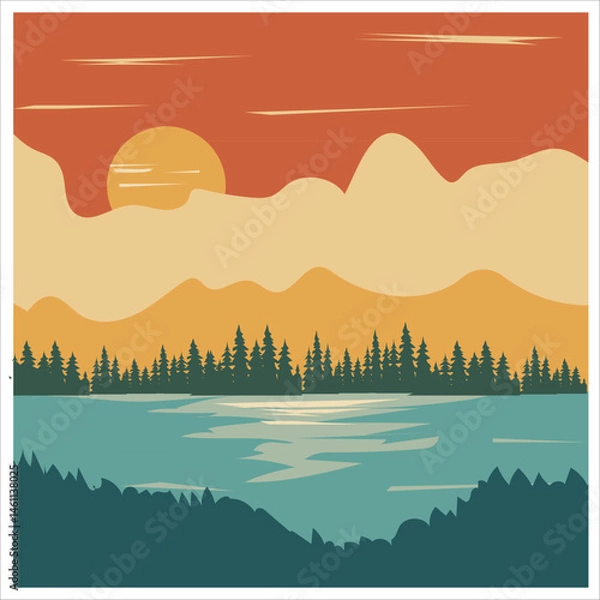 Fototapeta Retro Sunset Landscape with Pine Trees and Lake