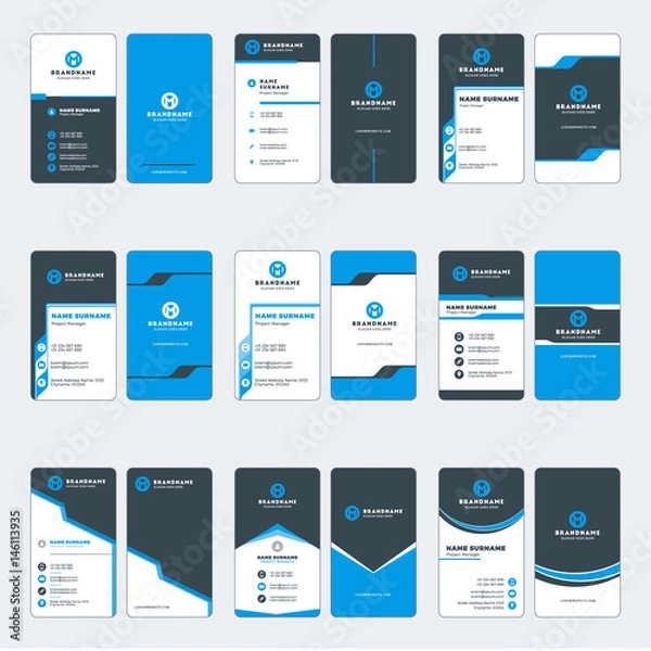Fototapeta Set of modern business card print templates. Vertical business cards. Blue and black colors. Personal visiting card with company logo. Vector illustration. Stationery design