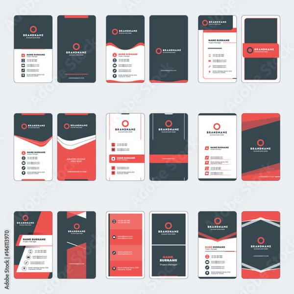 Fototapeta Set of modern business card print templates. Vertical business cards. Red and black colors. Personal visiting card with company logo. Vector illustration. Stationery design