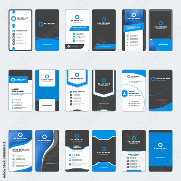 Fototapeta Set of modern business card print templates. Vertical business cards. Blue and black colors. Personal visiting card with company logo. Vector illustration. Stationery design