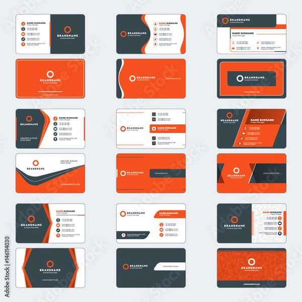Fototapeta Set of modern business card print templates. Horizontal business cards. Red and black colors. Personal visiting card with company logo. Vector illustration. Stationery design