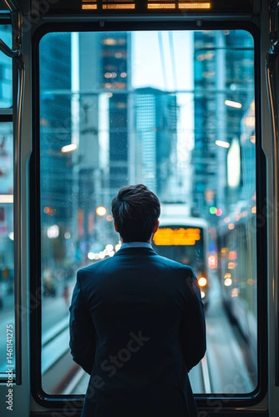 Obraz A tram moving through a busy downtown area. A man is standing near the window watching the city go by. The mood is quiet and observant