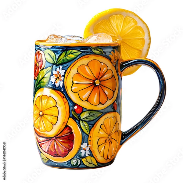 Fototapeta Lemonade in Hand-Painted Mug with Lemon Slice Isolated on Transparent Background