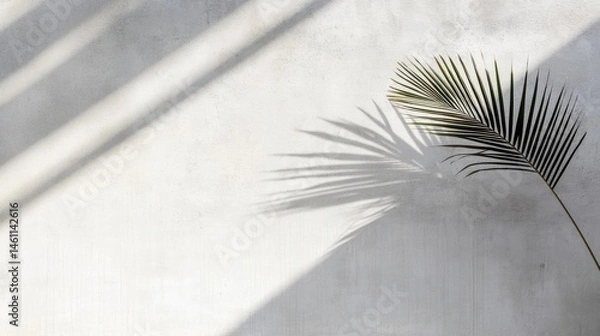 Obraz Close-up of a palm leaf on a white wall. the leaf is on the right side of the image and is casting a long shadow on the wall, creating a sense of depth and dimension.