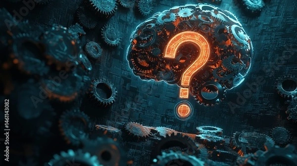 Fototapeta Abstract representation of a business brain with gears and a question mark, neon blue background 