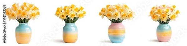 Fototapeta A vibrant bunch of daffodils in a colorful vase, isolate on white background. Set.