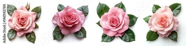 Fototapeta Pink rose with leaves, isolate on white background. Mix Collection.