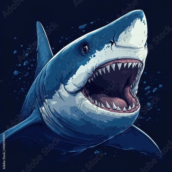 Obraz Great white shark swimming in deep ocean water with mouth wide open showcasing its sharp teeth