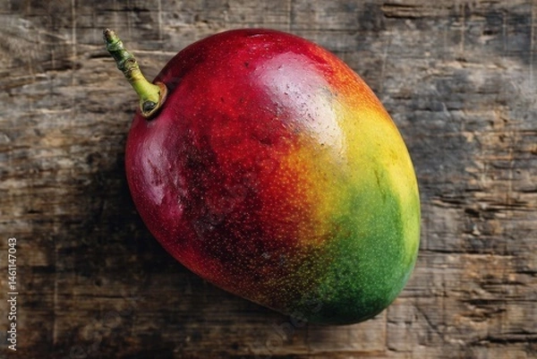 Obraz Mango Perfection: A vibrant mango, its skin blushing with shades of red, yellow, and green, sits proudly on a rustic wooden surface. Its juicy flesh promises a burst of tropical sweetness.