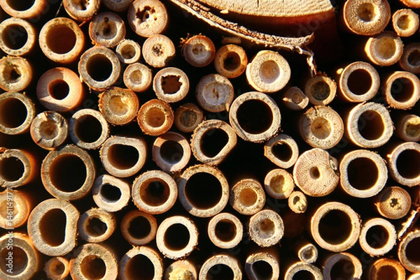 Fototapeta Close-up of insect hotel made from bamboo and cut wood with drilled nesting holes