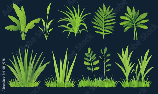 Obraz Lush Green Jungle Foliage Collection in Minimalist SVG Vector Illustration