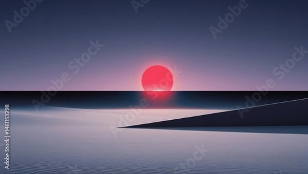 Fototapeta A minimalist desert landscape at dusk, featuring a perfectly round crimson sun hovering above a sharp geometric dune, casting a long shadow across the sand