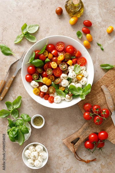 Fototapeta Salad with fresh cherry tomatoes, mozzarella and basil leaves, top view