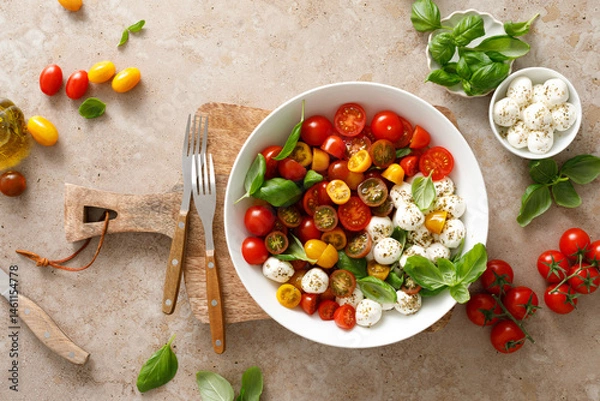 Fototapeta Salad with fresh cherry tomatoes, mozzarella and basil leaves, top view