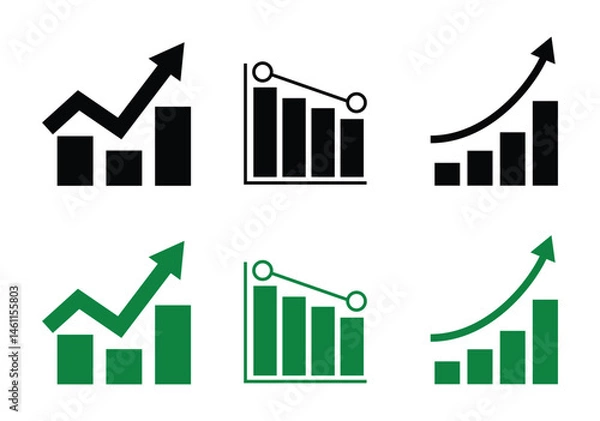 Obraz Growth arrow chart, Declining bar and line graph, Rising bar graph with arrow black and white icon set
