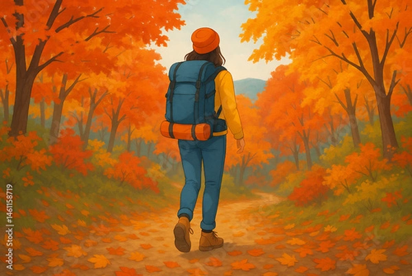 Fototapeta Autumn Forest with Female Hiker – Back View, Red Maple Leaves