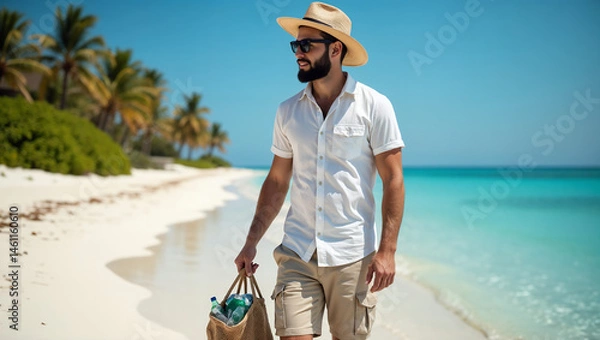 Fototapeta AI-Generated Man Walking on Tropical Beach