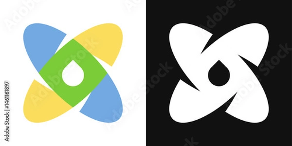 Fototapeta Minimalist molecule logo with water droplet. Clean science and sustainability vector symbol.
