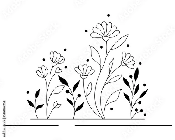 Fototapeta Hand-drawn wild flowers sketch set isolated on white background. Spring herbal design. Black Silhouettes Of Grass, Flowers And Herbs.