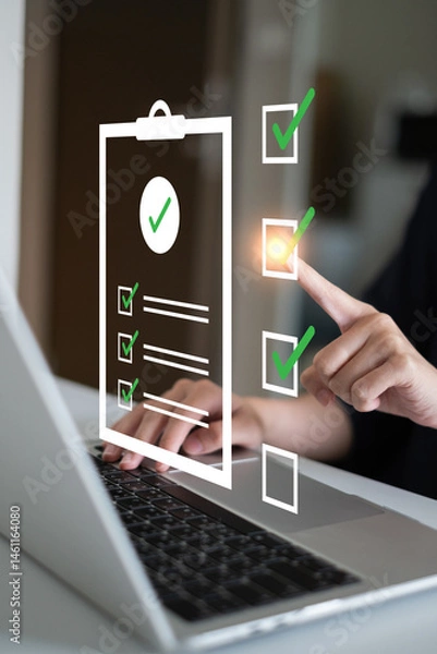 Fototapeta Close-up hand businessman doing checklist document survey list quality questionnaire choice form mark concept