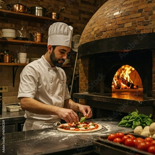 Fototapeta A chef is making a pizza.