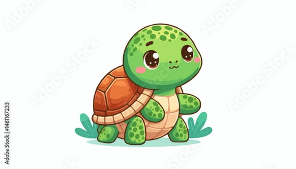 Fototapeta A cute green turtle cartoon, a cheerful reptile vector illustration with a happy smile and funny shell