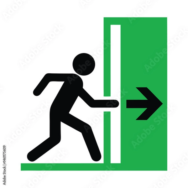 Obraz Black silhouette figure exiting through a door on a green background—designed to present emergency exit signage in a modern style, emphasizing safety, clarity, and urgency in design.