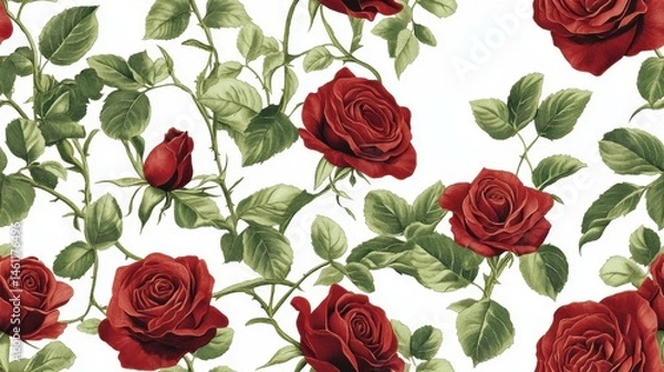 Obraz Classic Roses: A timeless pattern featuring elegant roses in rich hues, intertwined with subtle green foliage, isolated on white