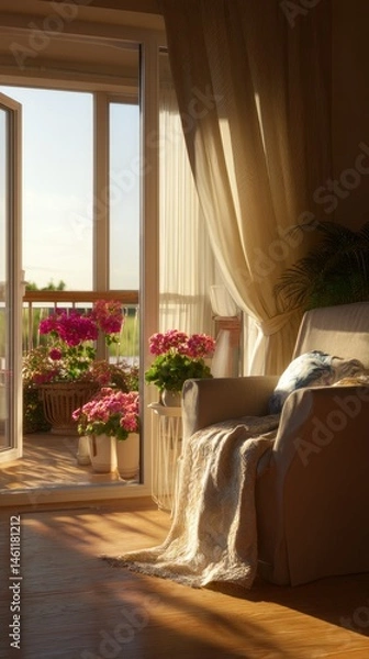 Fototapeta Morning light bathing cozy living room with balcony flowers home interior warm atmosphere natural view