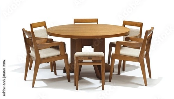 Fototapeta Round wooden dining set.  Eight pieces, including a table and chairs
