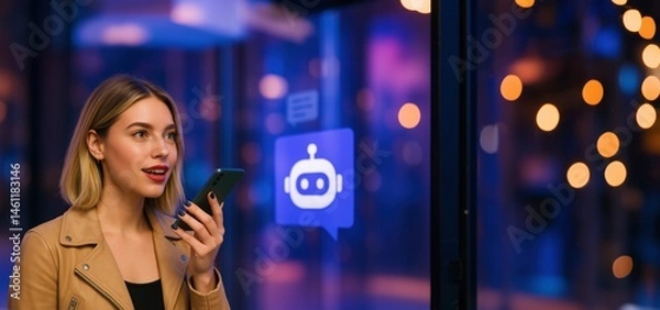Fototapeta Young woman speaking to virtual assistant, chatting AI chatbot app on smartphone against illuminated. AI, innovation and technology. Large Language Model. Copy Space. Panoramic Background.