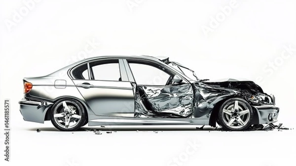 Fototapeta A severely damaged silver sedan with a crumpled body, set against a white background, depicting a post-accident scene.