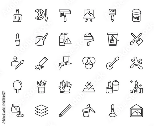 Fototapeta A collection of 30 clean and minimal line icons related to painting, drawing, and art tools. This set includes paint brushes, rollers, palettes, color buckets, spray cans, editable stroke 48x48 pixel