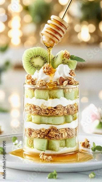 Fototapeta .Yogurt dessert with granola and kiwi drizzled with honey for a refreshing breakfast or snack.