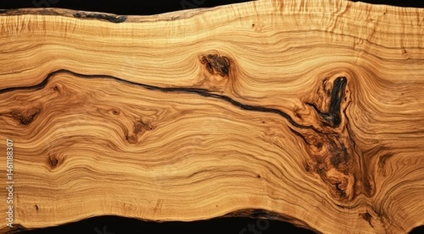Obraz Natural wood slab, showing intricate wood grain patterns, dark streaks and knots  Close-up view of a piece of wood with a wavy texture