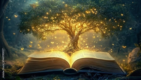 Fototapeta Ancient book on mossy forest floor with glowing tree, butterflies, and magical ambiance.