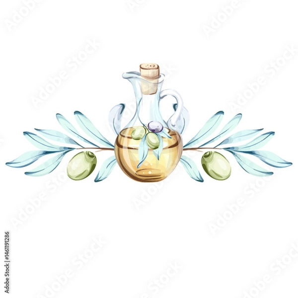 Fototapeta Illustration featuring olives and olive oil captured in delicate watercolor style frame, border, arrangement