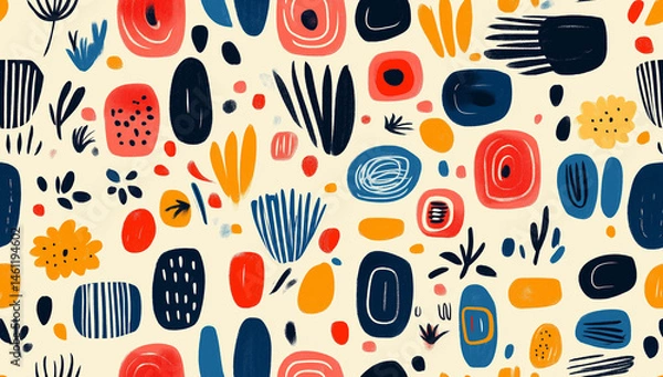Fototapeta Colorful abstract pattern featuring various shapes and botanical designs on a light background