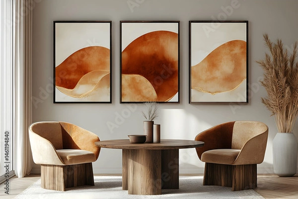 Fototapeta Three abstract art prints in a modern living room.