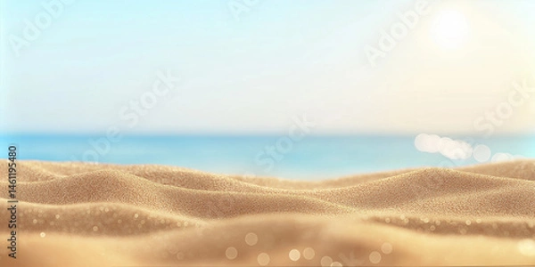 Fototapeta Soft golden sand stretches along the tranquil beach under a bright sunlit sky